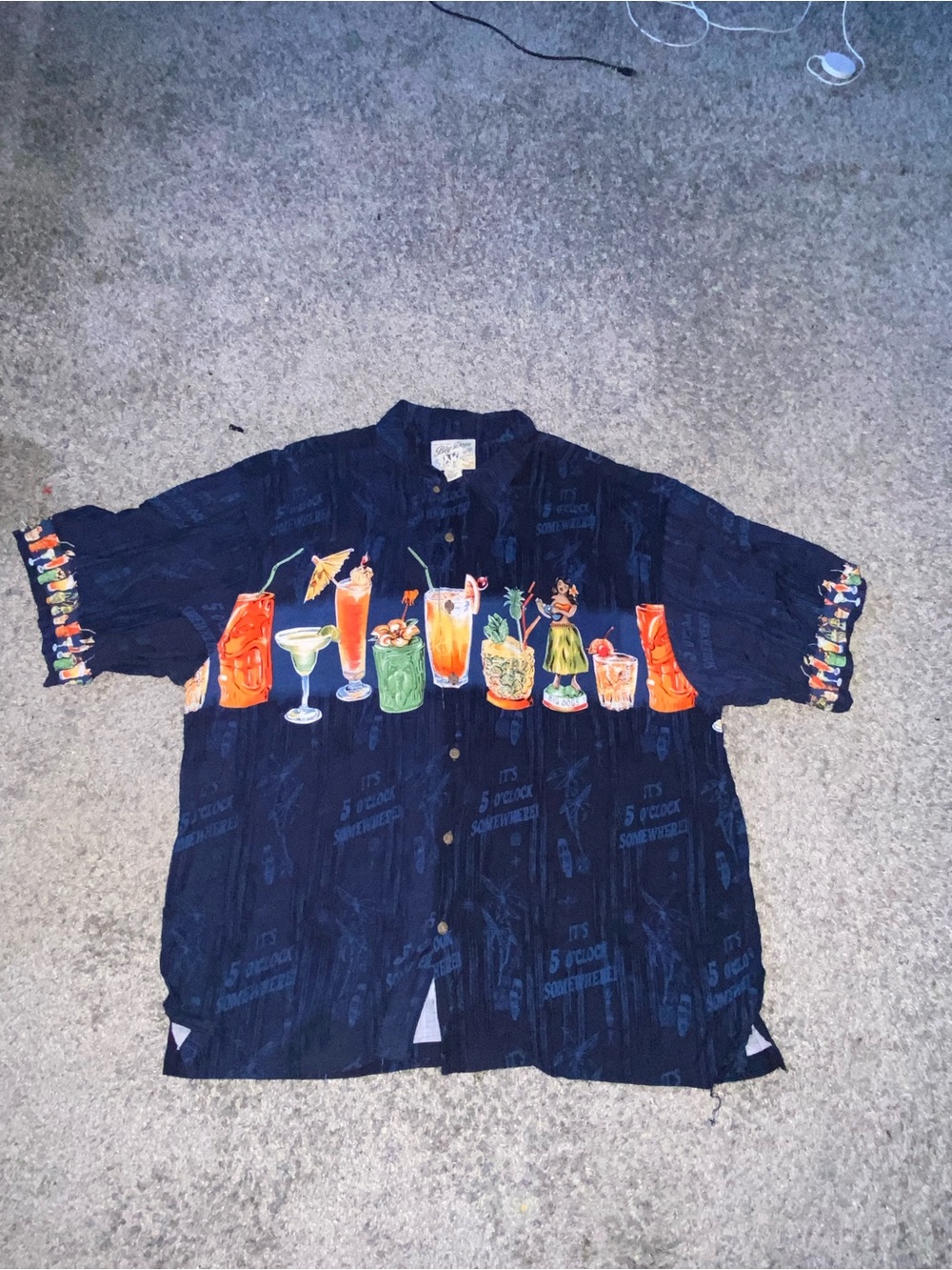Big Dogs Navy Hawaiian Button-Up with Tropical Drink Print